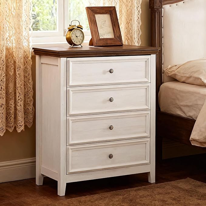 BLANKSPACE Dresser for Bedroom, 4 Drawer Dresser, Modern 4 Chest of Drawers, Farmhouse Storage Cabinet with 4 Drawers for Home Office, Dining Room, Antique White