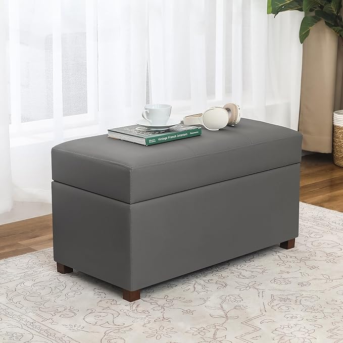 Asense Storage Ottoman Bench –32 Inch Stylish Compact Design with Storage, Extra Seating & Modern Leather Appeal for Living Room, Bedroom, Entryway， Slate Gray