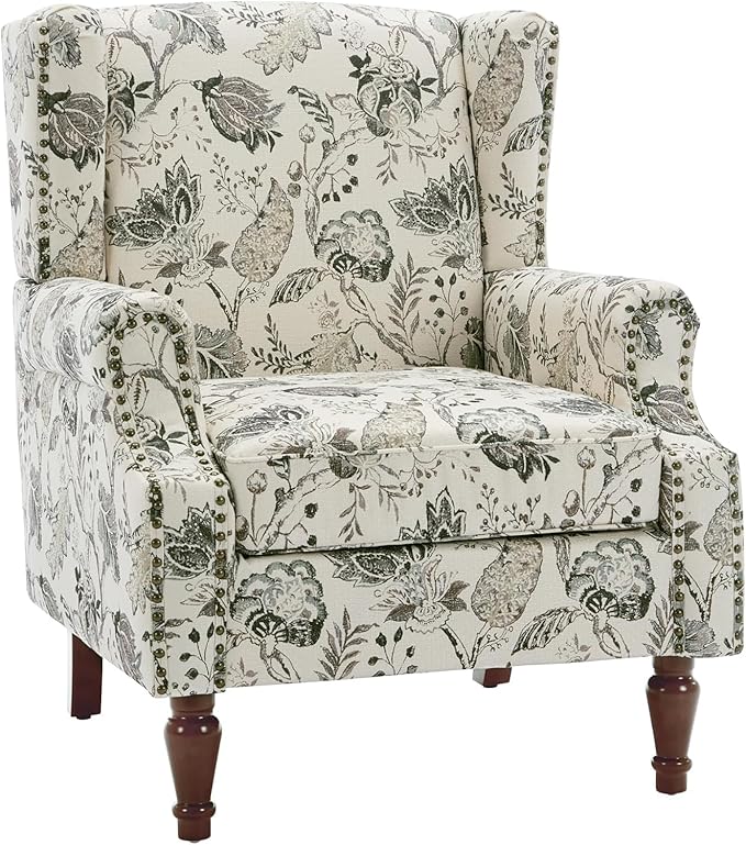 UIXE High Back Floral Accent Chair, Fabric Upholstered Armchair for Living Room, Retro Printed Wingback Arm Chair Nailhead Trim Single Sofa Bedroom Reading Seat - Beige Plants