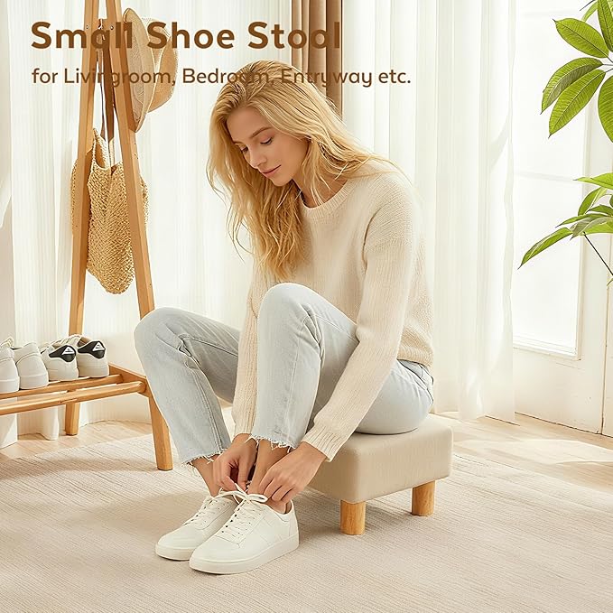 Small Foot Stool Ottoman, Linen Footstool Ottoman Foot Rest for Couch, Rectangle Footstools and Ottomans Small for Living Room, Entryway and Bedroom (Beige)