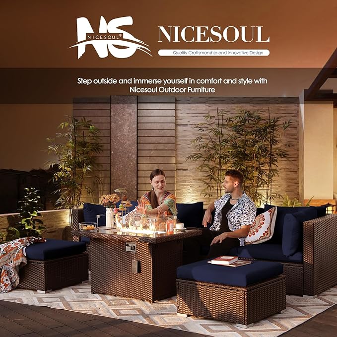 NICESOUL 6 Piece L-Shaped Outdoor Couch with Fireplace Natural Gas/Propane, 29.3'' High Back Wide Seat Patio Conversations for Outside, Oversized Comfy Sectional Furniture Set, Brown/Blue