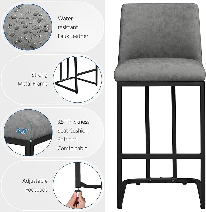 Yaheetech Counter Height Bar Stools 24'' Bar Stools Set of 2 Leather Bar Chairs Modern Upholstered Barstools with Back for Kitchen Counter Gray