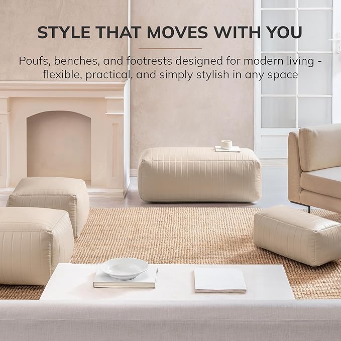 Anji Mountain 100% Handmade & Handcrafted Comfortable Home Décor Pouf Ottoman Footrest for Living Room, Bedroom, Nursery, Kidsroom, Patio Furniture - (22" x 12" x 10" - Cream)