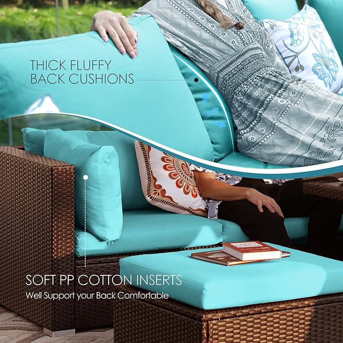 NICESOUL Modern Outdoor Couches with Firepit Table Propane/Natural Gas, 29.3'' High Back Comfy Conversation Set with Fireplace, 10 Seater Large Wide Patio Furniture Set, Brown Rattan and Teal Cushion