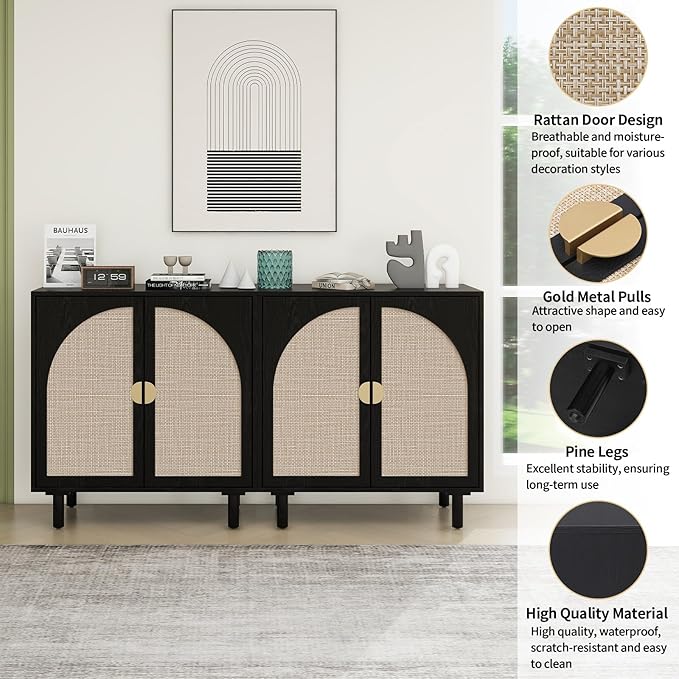 Black Rattan Cabinet-2-Doors,Sideboard Buffet Cabinet with Storage-Accent Storage Cabinet with Cane Door, Boho Wood Credenza for Living Room, Kitchen (Black Set 2)