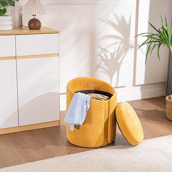 Swivel Vanity Stool with Gold Base Comfy Vanity Chair Modern Round Stool for Makeup Vanity Ottoman Foot Rest for Bedroom livingroom, Yellow