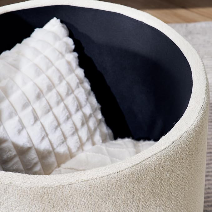 DAGONHIL 2-Piece Set Round Chenille Storage Ottoman, Equipped with a Drum Shaped Small Stool, Storage Space, and MDF Made Desktop Panel (Beige 23.6"x23.6"x16.5")