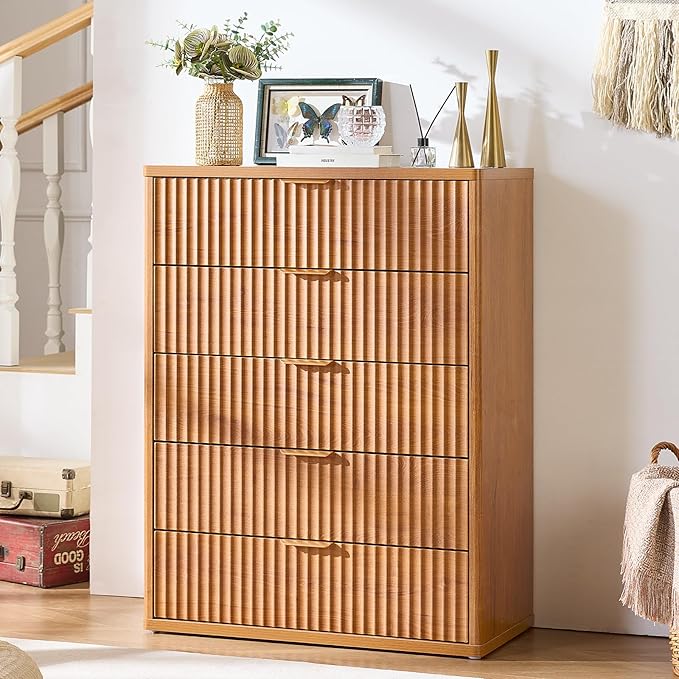 LEYAOYAO Fluted 5 Drawers Dresser for Bedroom, 41" Tall Modern Chest of Drawers with Metal Handle, Curved Profile Farmhouse Closet Organizer Wood Dressers TV Stand for Living Room, Hallway, Navy Blue