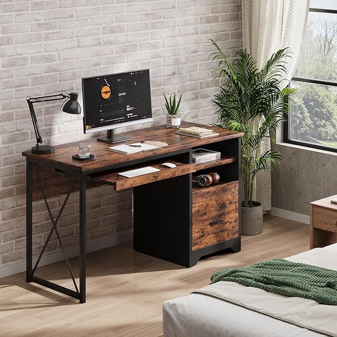 Bestier 47" Computer Desk with Drawers, Home Office Desk with Keyboard Tray, Reversible Industrial Office Desk with Storage Cabinet for Small Space Home Office & Studio, Rustic Brown