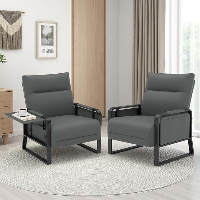 Upholstered Accent Chairs Set of 2, Modern Faux Leather Sofa Chairs with Foldable Side Tray Table & Storage Pocket, Small Accent Sofas for Living Room, Bedroom, Gray