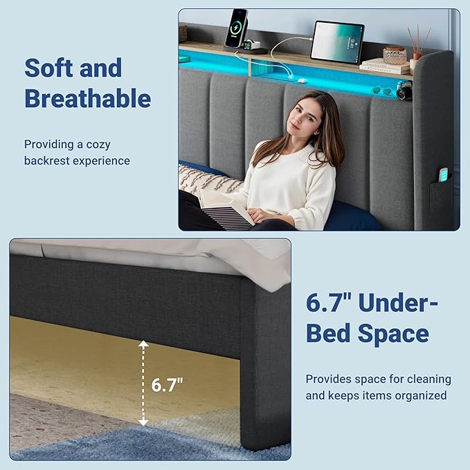 Allewie Vertical Tufted King Size Upholstered Platform Bed Frame with 2-Tier LED Storage Headboard & 2 Storage Drawers, USB & Type-C Charging Ports, Noise-Free/No Box Spring Needed, Dark Grey