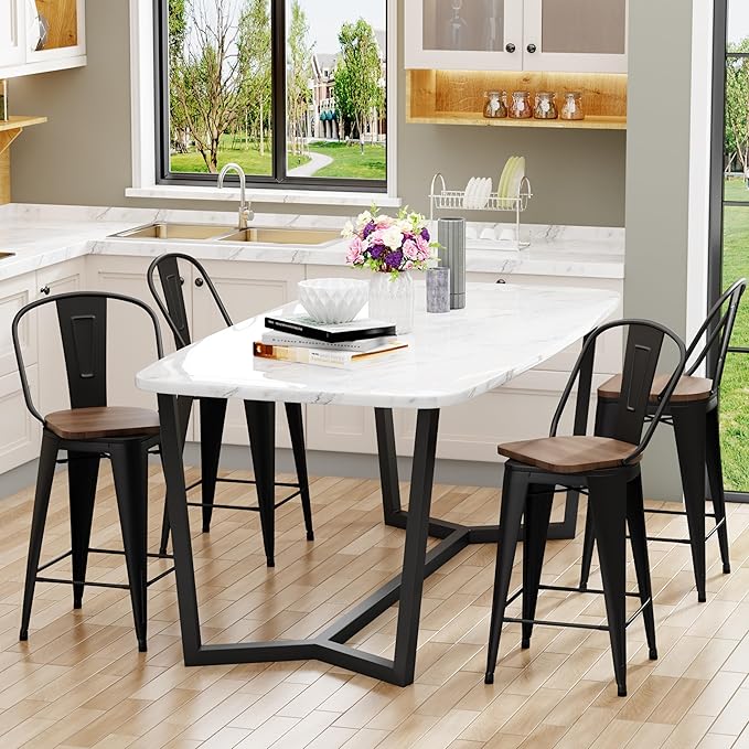 Aklaus Swivel Metal Bar Stools Set of 4 Counter Height Stools Counter Bar Stools with Back Swivel Metal Bar Chairs Wooded Seat 30 Inch Matte Black Barstools