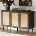 Rattan Storage Cabinet with 3 Doors, Boho Sideboard Buffet Cabinet Solid Wood Farmhouse Credenza Cabinet with Adjustable Shelves for Living Room Kitchen Entryway Hallway, Walnut