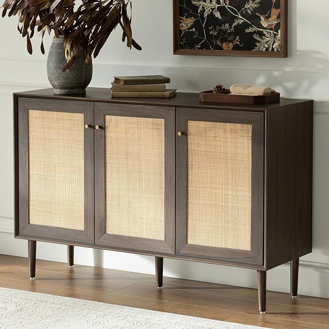 Rattan Storage Cabinet with 3 Doors, Boho Sideboard Buffet Cabinet Solid Wood Farmhouse Credenza Cabinet with Adjustable Shelves for Living Room Kitchen Entryway Hallway, Walnut