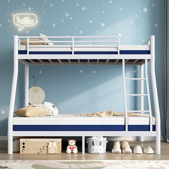 Bunk Beds Twin Over Full Size with 6" Mattresses Included, All-in-One Bunk Bed for Kids/Adults, Heavy Duty Sturdy Frame with Ladder Guardrail, With Memory Foam Mattress, Easy Assembly（White）