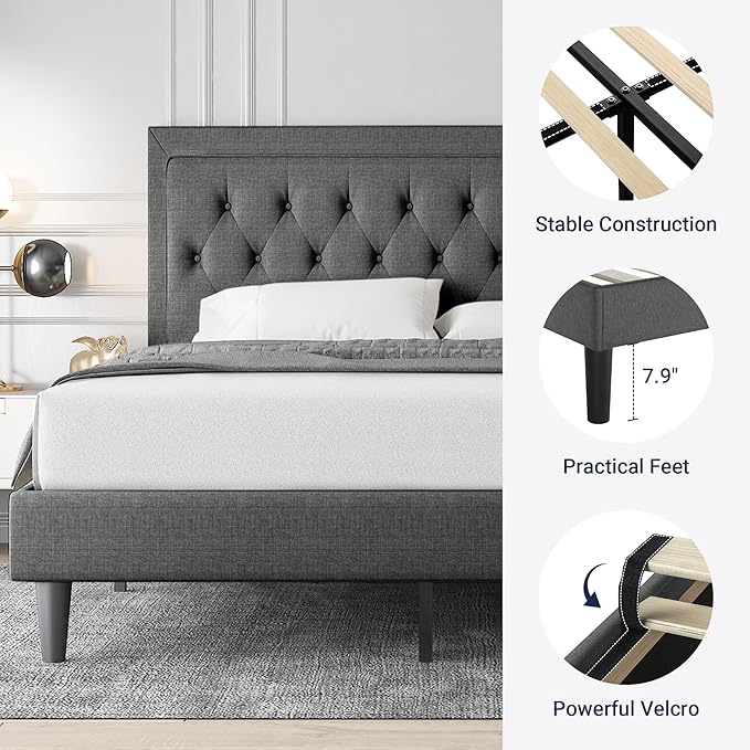 Allewie King Size Fabric Upholstered Bed Frame with Diamond Button Tufted/Adjustable Headboard/Wood Slat Support/Mattress Foundation/Dark Grey