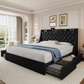 King Size Upholstered Platform Bed Frame with 4 Storage Drawers and Charging Station, Linen Button Tufted Wingback Headboard, Sturdy Wooden Support Slats, No Box Spring Needed, Black