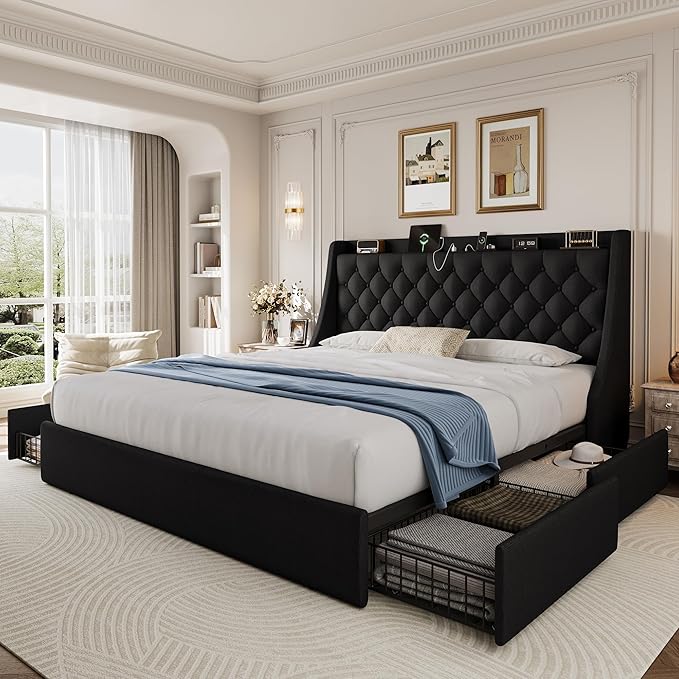 King Size Upholstered Platform Bed Frame with 4 Storage Drawers and Charging Station, Linen Button Tufted Wingback Headboard, Sturdy Wooden Support Slats, No Box Spring Needed, Black