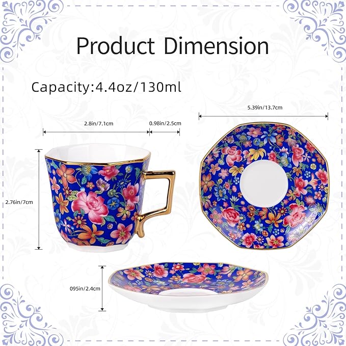 KAMMAK Tea Cups and Saucers Set of 2, Porcelain Coffee Cup with Saucer for Espresso, Cappuccino, 4.5oz Vintage Yellow and Blue Ceramic Demitasse Mug for Home, Tea Party, Office