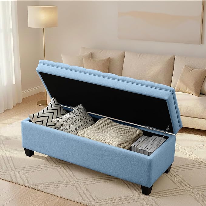50" Storage Ottoman Bench, Rectangular End of Bed Storage Bench, Upholstered Large Fabric Tufted Ottoman with Storage for Living Room, Bedroom, Entryway,Blue