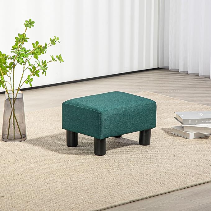 HOMCOM Ottoman Foot Rest, Small Foot Stool with Linen Fabric Upholstery and Plastic Legs, Cube Ottoman for Living Room, Green