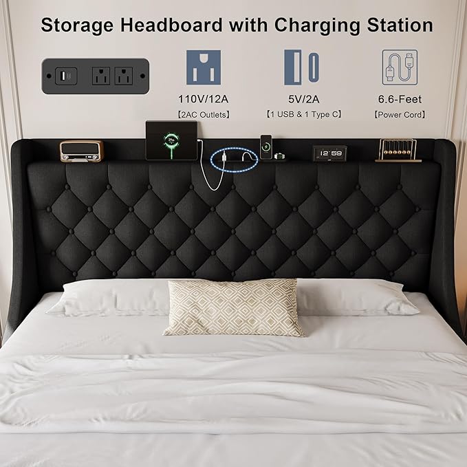 King Size Upholstered Platform Bed Frame with 4 Storage Drawers and Charging Station, Linen Button Tufted Wingback Headboard, Sturdy Wooden Support Slats, No Box Spring Needed, Black