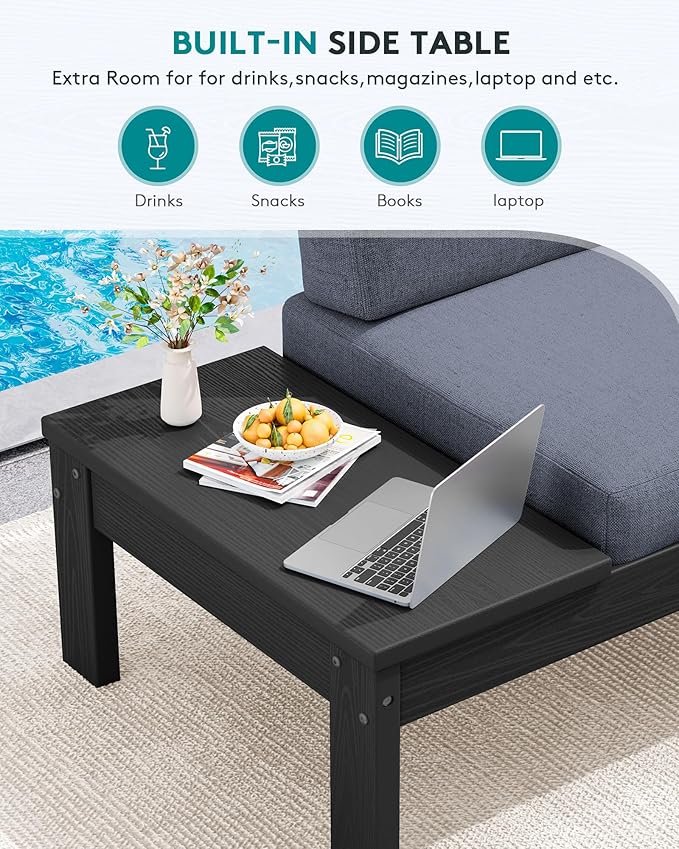SERWALL HDPE Outdoor Furniture Set, Loveseat and Coffee Table, All Weather Patio Sofas, Seats 2, Outdoor Sectional Sofa for Backyard, Balcony, Black Frame with Grey Cushion
