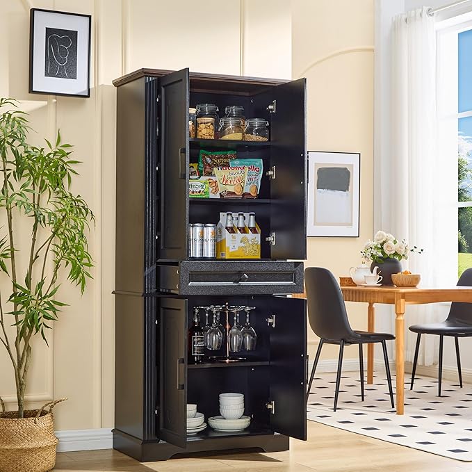 71" Black Tall Pantry Cabinet with Drawer and Adjustable Shelves, Modern Storage Cabinet with Doors, Kitchen Buffet Cabinet, Food Pantry Storage Cabinet, Coffee Bar, Living Room and Dining Room