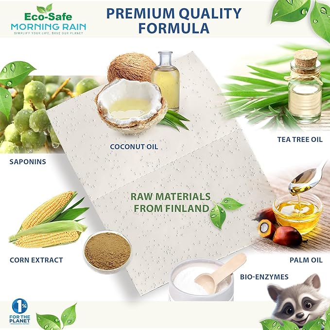 MorningRain Eco Laundry Detergent Sheets - Ingredients from Finland, Unscented, Bio-Enzyme Formula, Power Clean, 90 Sheets (Up to 180 Loads) - Non-Toxic, Preservative-Free, Skin Safe, Designed in USA