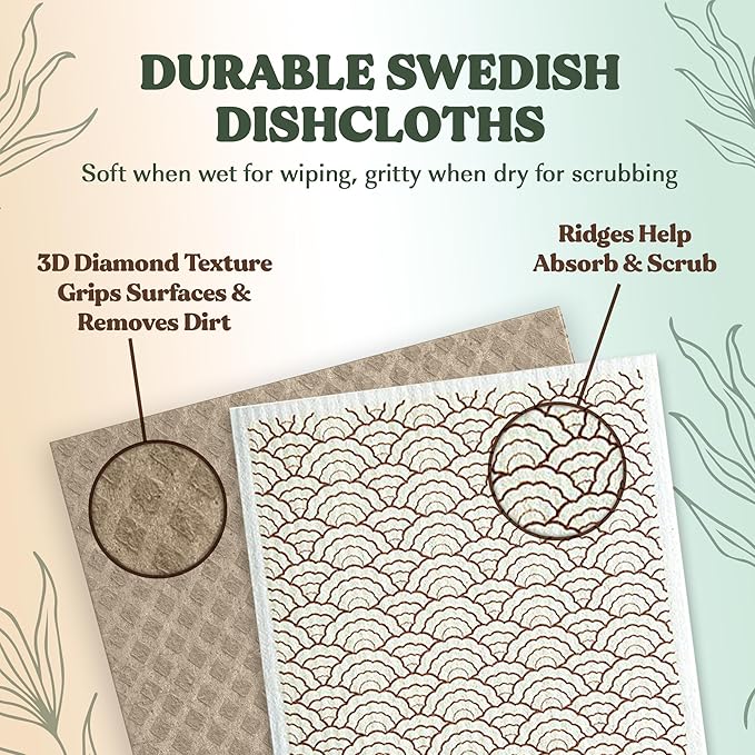FEBU Swedish Dishcloths for Kitchen | 5 Pack Fruit Pattern Reusable Paper Towels Washable | Swedish Dish Towels | Non-Scratch Cellulose Sponge Cloths | No Odor, Biodegradable Cleaning Cloths