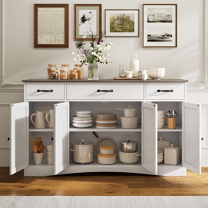 Gizoon Sideboard Buffet Cabinet with Storage, Modern Kitchen Sideboard and Coffee Bar with Drawers and Doors, Wood Buffet Table for Dining Room, 15.2" D x 55.1" W x 31.9" H, White/Grey