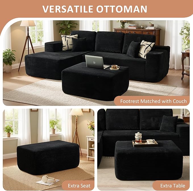 37.1" Ottoman for Couch, Plush Corduroy Memory Foam Ottoman Cloud Boneless Sectional Couch for Living Room Foot Stools No Assembly Require, Stripe Corduroy,Black