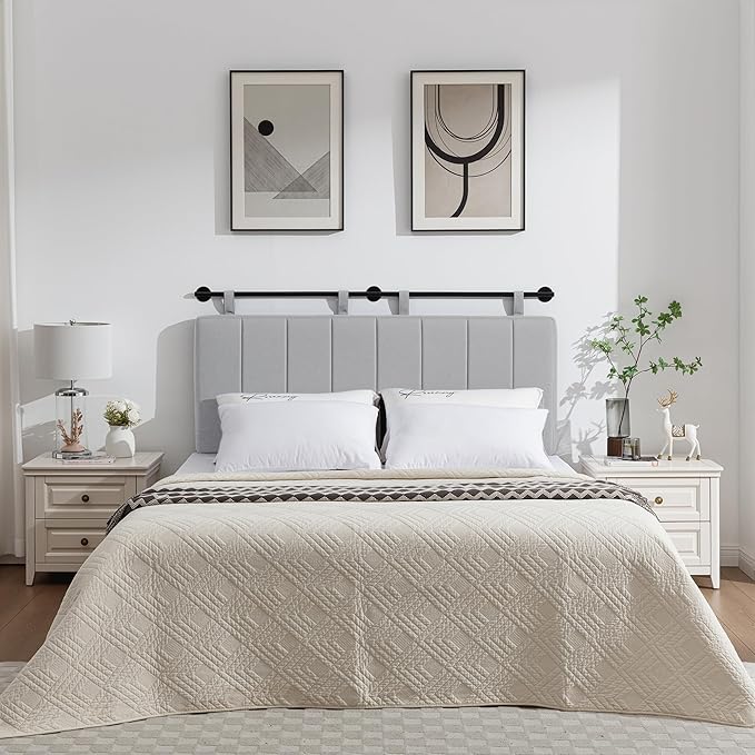 UEV King Headboard Only, Wall Mounted Hanging Upholstered Bed Head Board, Modern Vertical Channel Design of Fine Linen, Elegant Grey Fluted Headboard for Bedroom (Grey, King Size)