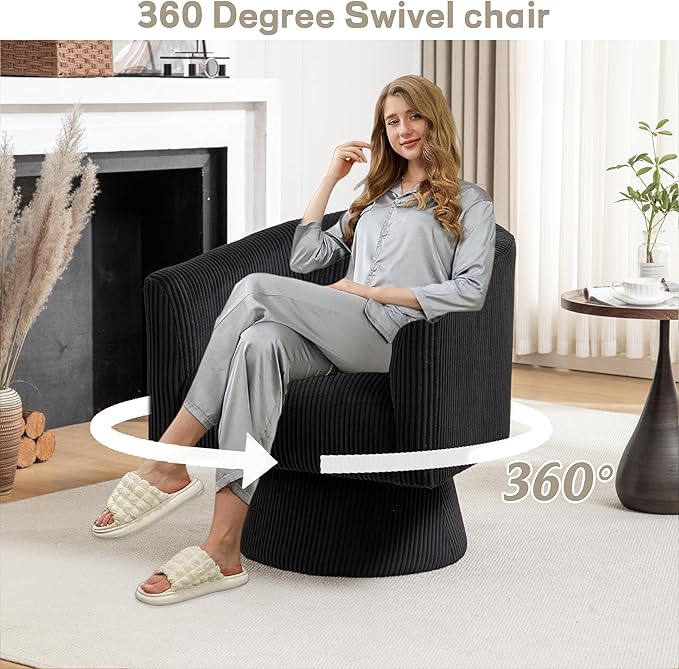 Swivel Accent Chair Set of 2, Modern 360° Swivel Barrel Chair, Corduroy Upholstered Single Sofa for Living Room, Bedroom(Black)