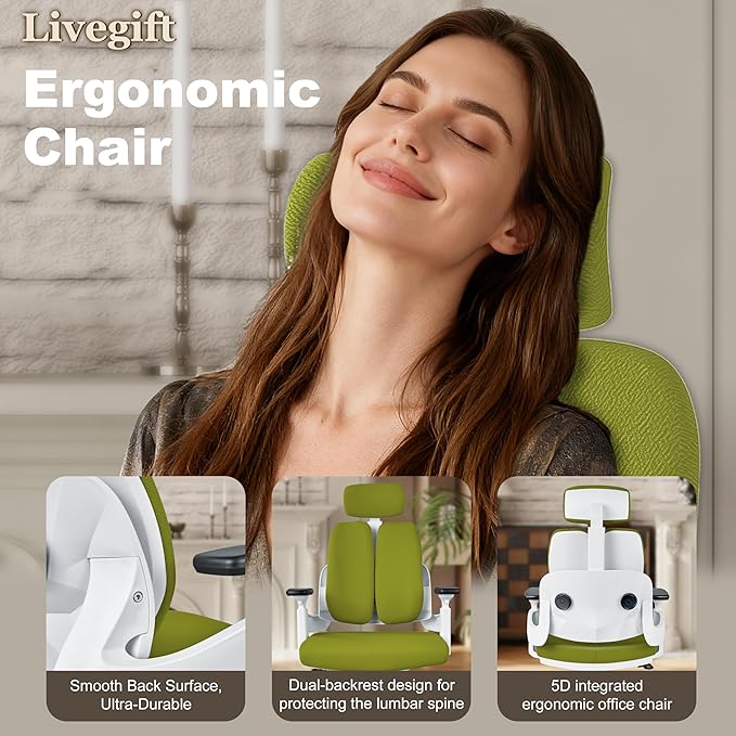 Ergonomic Office Chair Big and Tall Desk Chair, Dual-backrest Computer Chair with 3D Adjustable Arms and Lumbar Support, 500lbs Extra Wide Seat, for Home & Office Use,Green