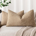 Foindtower Pack of 2 Soft Textured Chenille Throw Decorative Pillow Covers Square Accent Solid Cushion Cover Neutral Lumbar Pillow Case for Couch Sofa Bedroom Living Room 12x20 Inch,Taupe Khaki Camel
