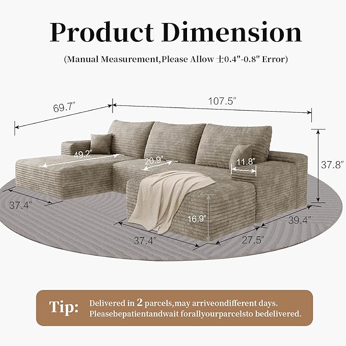 107.5" Compressed Boneless Couch with Ottoman, 2 Seater Large U Shaped Sectional Couches for Living Room, Camel Corduroy Cloud Modular Sectional Sofa, Memory Foam, No Assembly，Light Facing Chaise