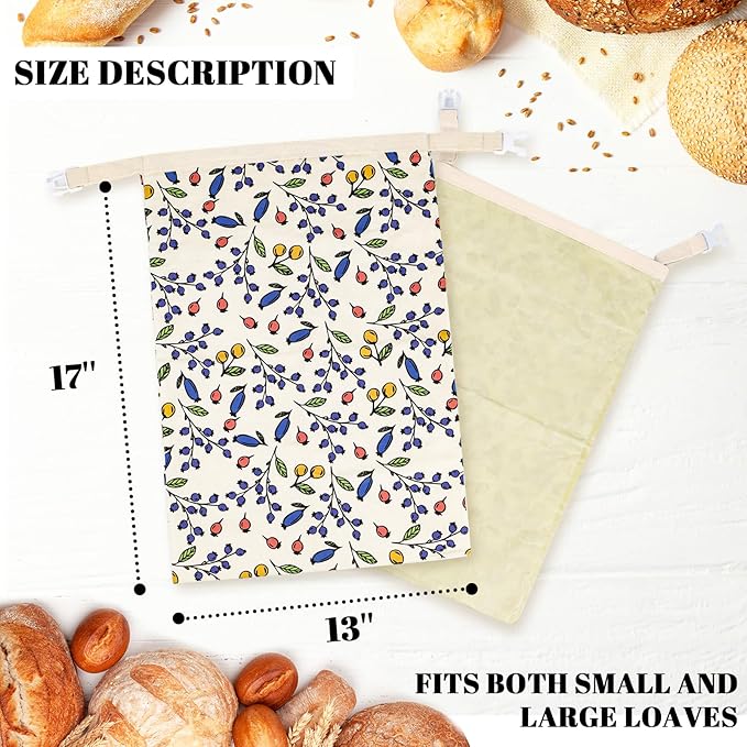 2 Pack Beeswax Bread Bags - 17x13 Inch Reusable Bread Storage Bags,Bees Wax Lined Bread Bags for Home Cooks fresh bread storage Easy Clean (Berry)