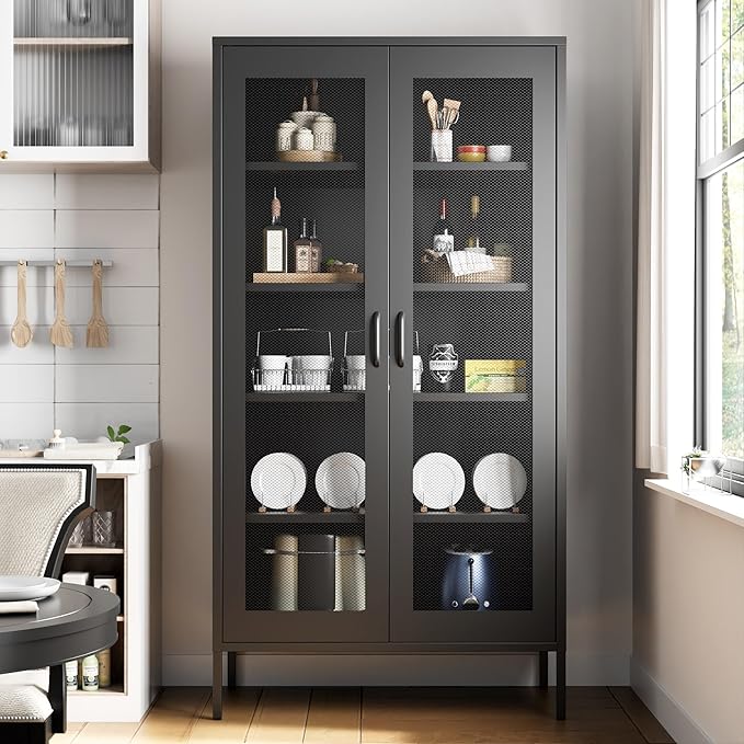 73 Inches Black Metal Storage Cabinet with Mesh Doors, 5 Tier Display Cabinet for Home Office, Metal Kitchen Pantry Storage Cabinet with 4 Adjustable Shelves
