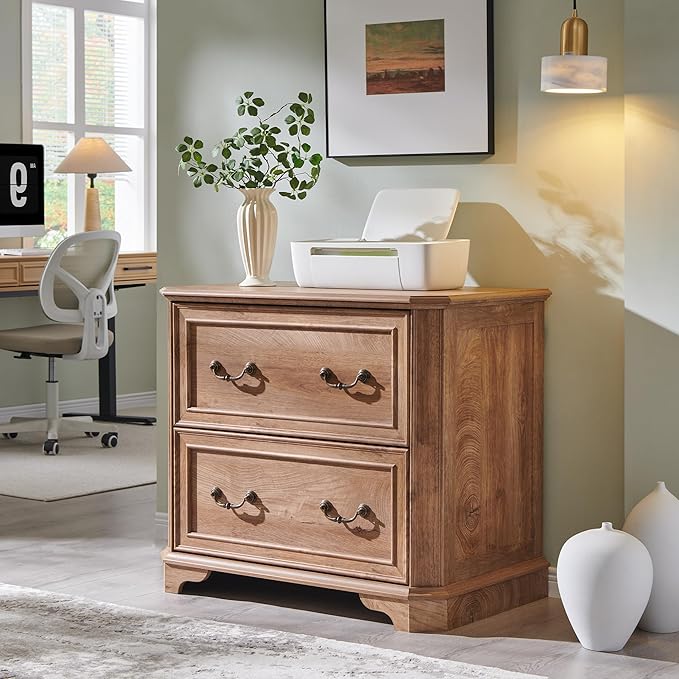 T4TREAM 34" Farmhouse Lateral File Cabinet for Home Office, Large 2-Drawer Wood Filing Cabinet w/Smooth Rails, Fits Letter/Legal Files, Storage Cabinet w/Framed Drawer Front Design, Light Knotty Oak