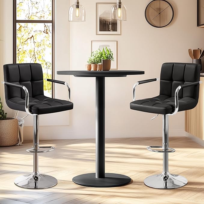 Yaheetech Bar Stools Set of 2, PU Leather Adjustable Swivel Barstools, Hydraulic Kitchen Counter Height Bar Chairs with Armrest and Back for Kitchen, Dining Room, Black
