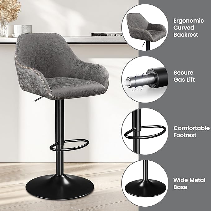 Yaheetech Bar Stools Set of 2, PU Leather Swivel Counter Height Barstools, Adjustable Bar Chairs with Backrest and Footrest, Kitchen Island Stool for Home Kitchen, Grey