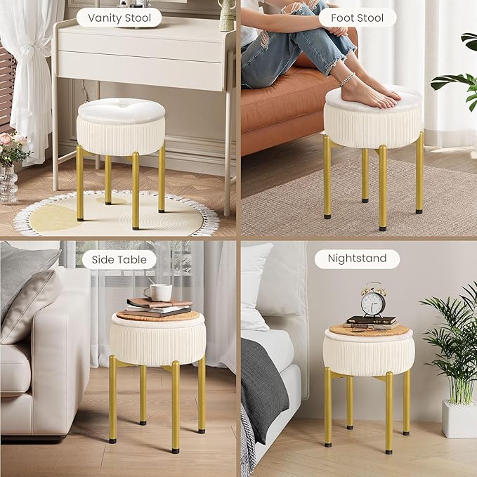 18-Inch Velvet Vanity Stool Chair with Storage, Vanity Bench with 4 Golden Metal Legs & Anti-Slip Adjustable Feet,Round Storage Ottoman Stool with Removable Soft Padded Seat, Beige