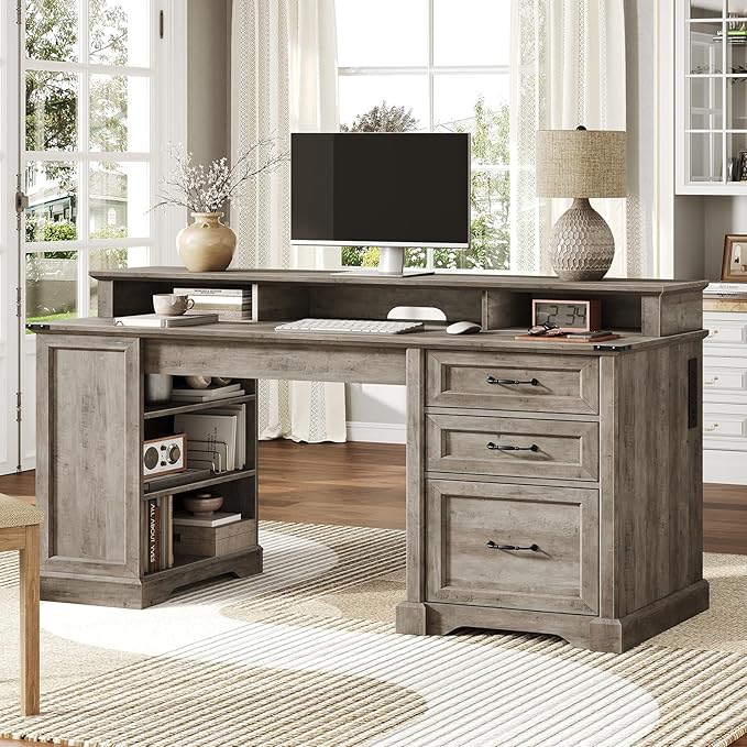 55'' Farmhouse Executive Desk with Drawers, Home Office Desk with File Cabinet and Storage Shelf, Charging Station, Computer Desk with Monitor Stand, Writing Gaming Desk, Greige