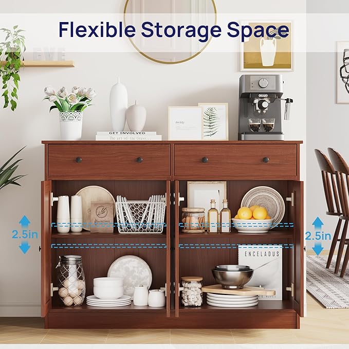 49" Brown Buffet Cabinet with Doors & Drawers, Modern Kitchen Storage Sideboard, Coffee Bar Console for Dining Room, Living Room, Entryway