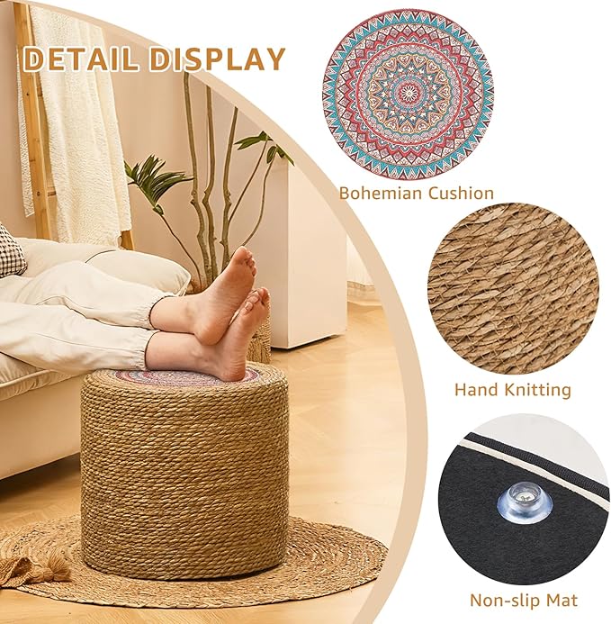 Wimarsbon 18'' Ottoman Pouf, Natural Braided Poof, Rustic Handweave Lounge Pouffe, Boho Footrest Stool for Bedroom, Accent Table for Living Room (18inch Natural Cattail-Boho Style 1)
