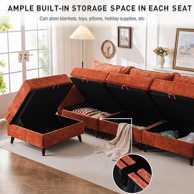 135'' Modular Sectional Sofa with All Seats Storage, Oversized U Shaped Couch for Living Room,4-Seater Comfy Cloud Couch with Movable Ottoman,Big Sectional for Bedroom,Velet,Orange