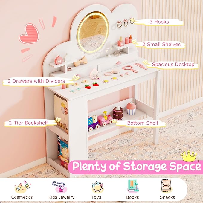 Costzon Kids Vanity, Girls Vanity Set with Lighted Mirror, Bookshelf, Drawers, Hooks & Storage Shelves, Toddler Makeup Vanity Desk Dressing Table, Wooden Kids Vanity Table and Chair Set (White)