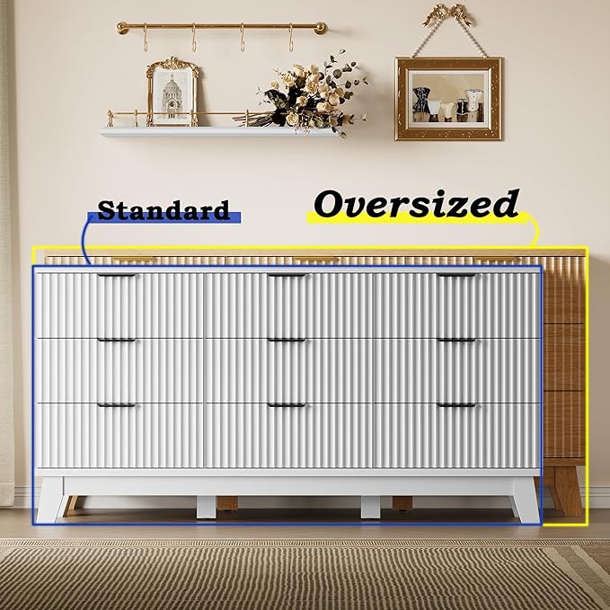 Fluted 9 Drawer Dresser, 57.1" Wide Modern Boho Chest of Drawers, Wooden Storage Dresser TV Stand for Bedroom, Living Room, Closet, Hallway, Curved Profile Design