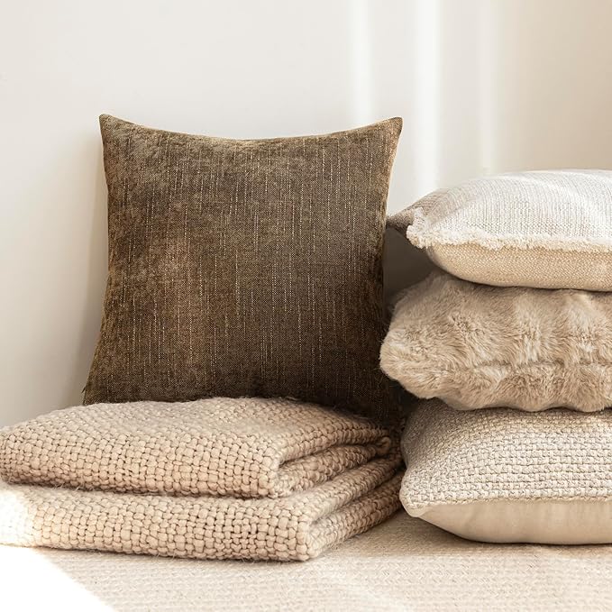 Foindtower Pack of 2 Soft Textured Chenille Throw Decorative Pillow Covers Square Accent Solid Cushion Cover Neutral Farmhouse Pillow Case for Couch Sofa Bedroom Living Room 22x22 Inch,Taupe Brown